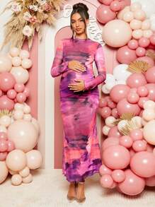 Loomaby Maternity Elegant Party Tie-Dye Print Ruched Form-Fitting Dress