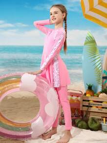 SHEIN Girls' Long Sleeve Leaf Print Zipper Rashguard & Skirt Swimsuit Set, Pink, Sweet & Energetic