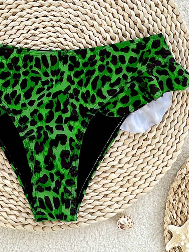 SHEIN Swim Springbreak 新款豹纹荷叶边性感女式比基尼泳裤 - 綠色 - 查看 6