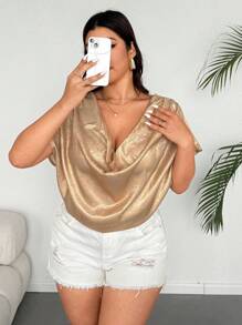 Calvaya 大码女式垂褶短袖金箔褶皱宽松优雅衬衫，适合约会和聚会 - 金色 - 查看 6