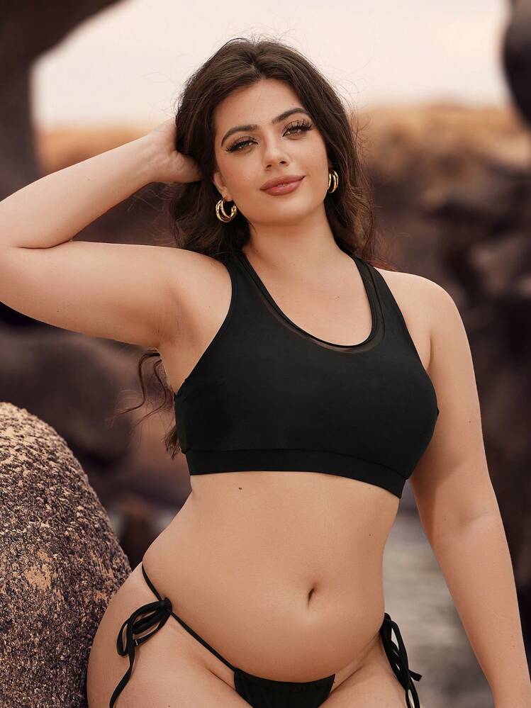 SHEIN Swim Top de traje de baño de talla grande para mujer de unicolor y estilo espalda en Y - Negro - Añade 1