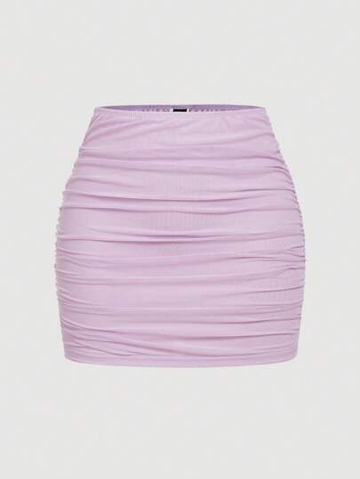 SHEIN MOD Solid Color Double Layer Ruched Bodycon Mini Skirt