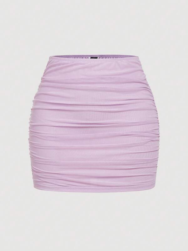 SHEIN MOD Solid Color Double Layer Ruched Bodycon Mini Skirt