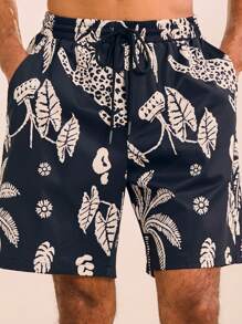 Manfinity VCAY Men's Woven Fashion Casual Loose Elastic Waist Straight Leg Shorts - Black - View 1