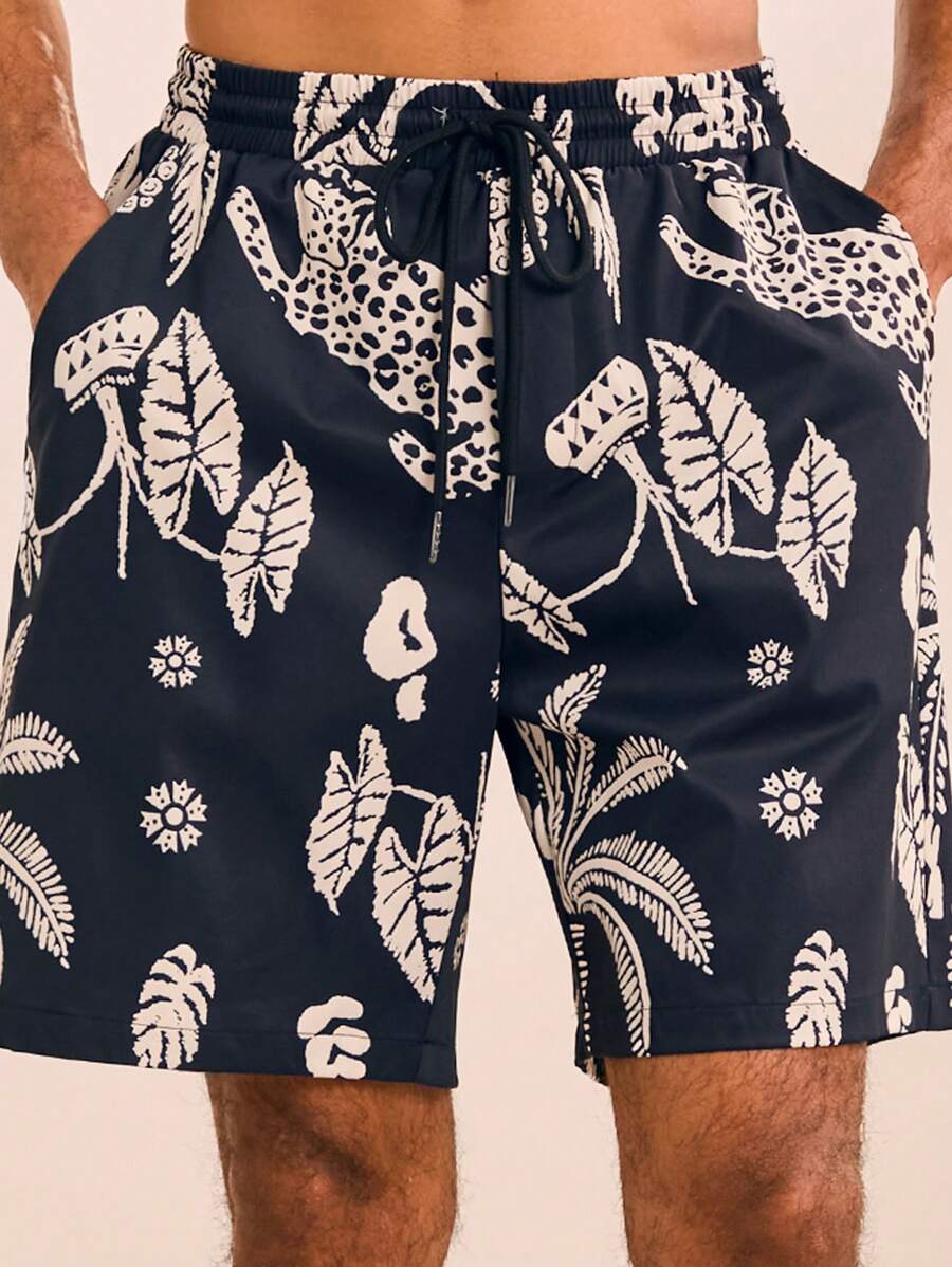 Manfinity VCAY Men's Woven Fashion Casual Loose Elastic Waist Straight Leg Shorts - Black - View 1