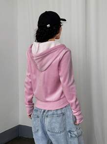 StreetHx Women's Gothic Print With Rhinestones Y2K Style Thermal Lined Hoodie For Autumn/Winter - Pink - View 2