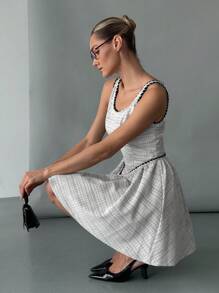 SHEIN Essnce Women's Spring/Summer Gingham Square Neck Sleeveless Mini Dress, Fashionable - Grey - View 3