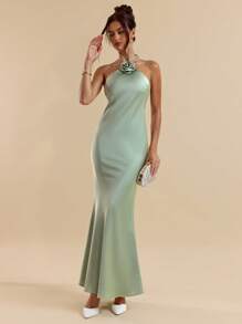 SHEIN BAE 春夏绿色性感细肩带露背长款缎面花卉装饰美人鱼连衣裙、伴娘服、缎面连衣裙、性感连衣裙 - 綠色 - 查看 3