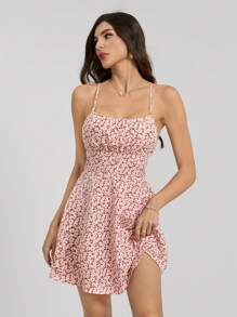 SHEIN Tall Floral Printed Cross Lace-Up Backless Cami Dress, Summer