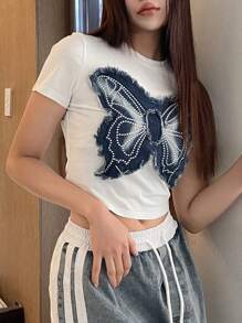 DAZY 女式圆领短袖透视T恤、短款上衣 - 白色 - 查看 3