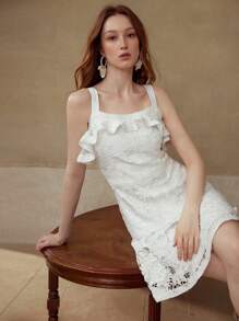 PREMIUM RUFFLE CONTRAST LACE DRESS - White - View 8