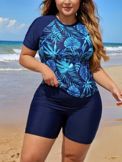 Swim Lushoire Plus Size Nữ Đi Biển Mùa Hè Tương Phản Bộ Rashguard In Hình Nhiệt Đới Cho Kỳ Nghỉ Ở Bãi Biển