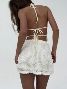 Aloruh 全新浪漫 3D 花卉蕾丝海滩度假套装，性感吊带背心上衣 + 迷你裙 2 件套 - 杏色 - 查看 2