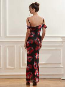GENKIRA French Fashion Elegant Sexy Low-Cut Cold Shoulder Sling Dress With Wrap Collar, Waist Fitted And Hemline Flared, Tie Dye Print, Suitable For Beach Vacation All Over Print  For Summer - Multicolor - View 3