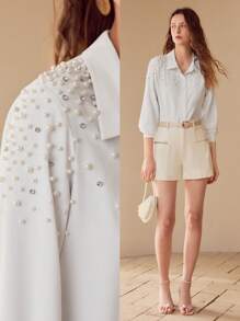 MOTF PREMIUM FAUX PEARL BEADED BUTTON UP SHIRT - White - View 1