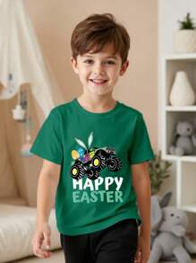 Young Boy Easter Car & Egg Print Short Sleeve T-Shirt, For Gift - Green - View 1