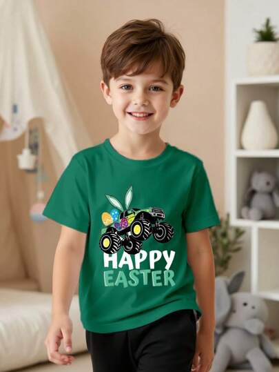 Young Boy Easter Car & Egg Print Short Sleeve T-Shirt, For Gift