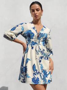 Aveloria Modichic Abito mini casual da donna in stile francese alla moda per le vacanze, con scollo a V lento, design con legame sul petto, vita svasata, maniche larghe e stampa a blocchi di colore - Multicolore - Visualizzare 5