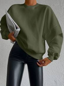 RueChic Solid Drop Shoulder Sweatshirt - Dark Green - View 3