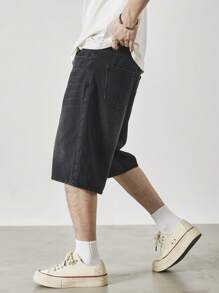 Claim Dot 男士黑色水洗宽松休闲牛仔短裤，都市休闲风格 - 黑色 - 查看 8