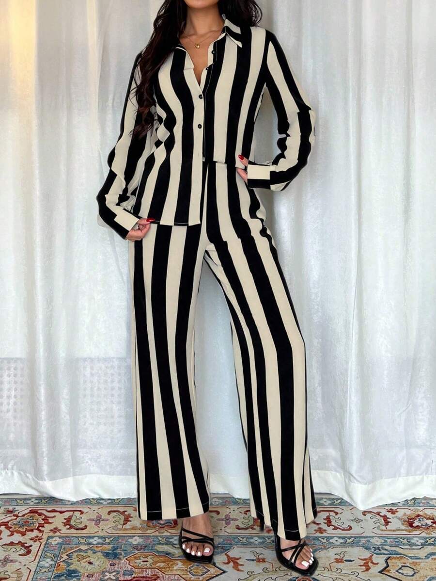 Chiquease 2 chiếc/bộ áo sơ mi dài tay kẻ sọc thanh lịch kiểu Pháp cho nữ và quần - Nhiều màu - Xem 1