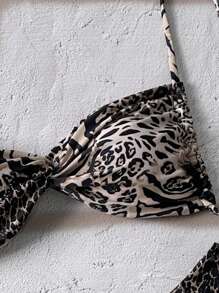 Swim Vcay Damen Sommer zufälliges Leoparden- & Muster-Muster Patchwork Bandeau Bikini-Set mit Spaghettiträgern für den Strand