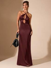 SHEIN BAE Đầm hở lưng cổ yếm thanh lịch tối giản gợi cảm màu đen trơn, thích hợp cho tiệc tốt nghiệp, dịp trang trọng, tiệc cocktail, buổi hẹn hò lãng mạn, váy cơ bản thu đông, tiệc tùng, hộp đêm, buổi họp mặt trang trọng, váy phù dâu, đi chơi đêm, váy Halloween, váy Giáng sinh, khoét sâu gợi cảm, khoét lỗ - Màu nâu Sô-cô-la - Xem 7