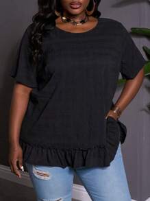 SHEIN CURVE+ Large Solid Color Round Neck Pleated Short Sleeved Loose Shirt For Spring And Summer, Spring And Summer Doll Shirt Boho Vacation - Black - View 4