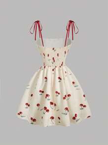 SHEIN MOD 褶饰紧身胸衣蝴蝶结和樱桃印花短款连衣裙 - 杏色 - 查看 2