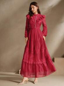 Anewsta Vestido elegante de longitud media con cuello bordado con flores para mujer, primavera/otoño