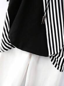 Linhara Plus Size Women's Casual Simple Black And White Contrasting Striped T-Shirt Top - Black and White - View 3