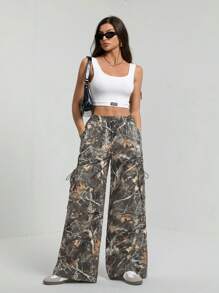 SHEIN Tall Women's Branch Print Baggy Wide Leg Loose Cargo Pants - Army Green - View 6