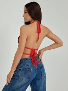 SHEIN PETITE Women's Pleated Halter Neckline Waist-Tied Backless Tank Top - Burgundy - View 2