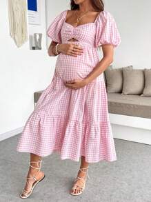 SHEIN Váy bầu họa tiết kẻ caro cổ tim viền bèo nhún thường ngày, dành cho tiệc chào đón em bé - Hồng - Xem 4