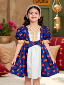 SHEIN Young Girls Purple Floral Print Princess Dress With Puff Sleeve, Suitable For School, Party, Decoration, Girls Daily Wear, Family Occasions And Special Celebrations