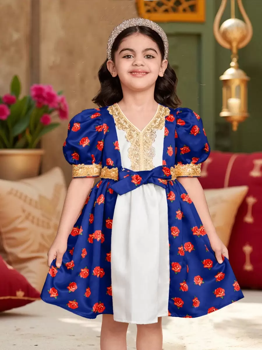 SHEIN Young Girls Purple Floral Print Princess Dress With Puff Sleeve, Suitable For School, Party, Decoration, Girls Daily Wear, Family Occasions And Special Celebrations