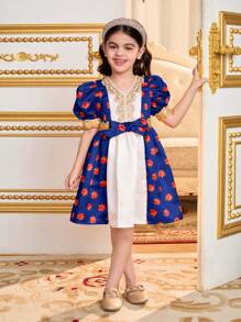 SHEIN Young Girls Purple Floral Print Princess Dress With Puff Sleeve, Suitable For School, Party, Decoration, Girls Daily Wear, Family Occasions And Special Celebrations