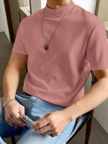 Manfinity VCAY 男士休闲纯色立领短袖 T 恤 - 粉色 - 查看 5