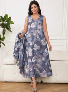 Al Najma Plus Size V-Neck Long Sleeve All-Over Print Top And Casual Dress 2 Pieces Set - Multicolor - View 6