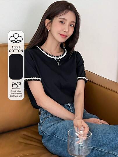 DAZY Camiseta De Cuello Redondo Con Detalles De Contraste