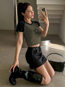 DAZY Star Print Raglan Sleeve Crop Tee Y2k - Olive Green - View 5