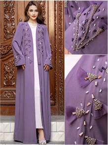 Layrah Handmade Spinach Root Color Flower Beaded Robe Abayas - Red Violet - View 1