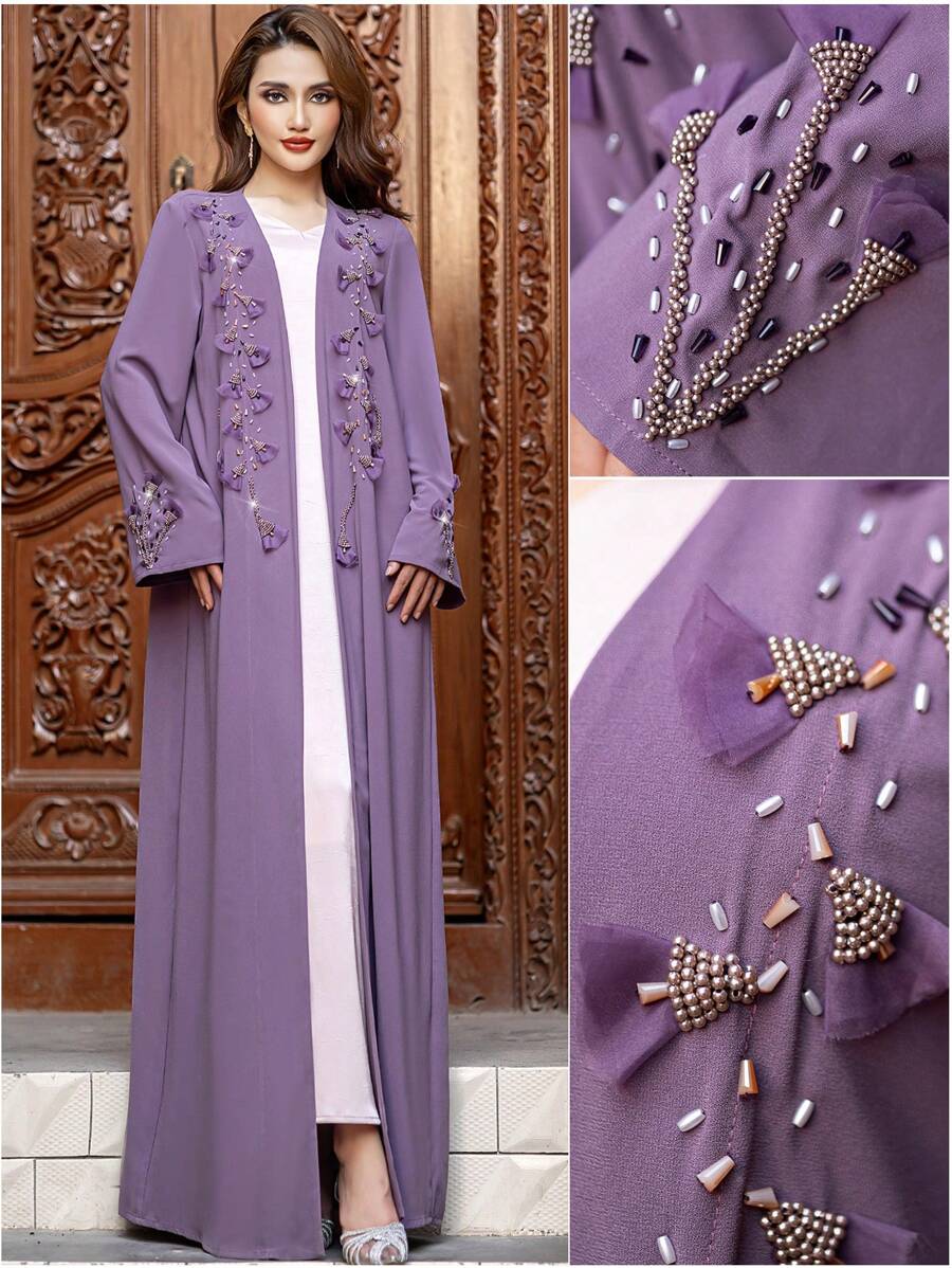 Layrah Handmade Spinach Root Color Flower Beaded Robe Abayas - Red Violet - View 1