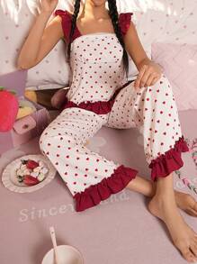 Damen Herzdruck Kontrast Farbe Rüschen Saum Spaghetti Träger Jumpsuit Schlafanzug Set