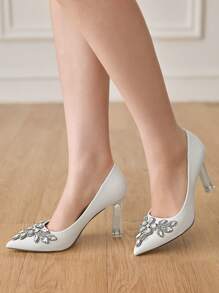 CUCCOO HITCHD Fashionable & Elegant Rhinestone Decor Pointed Toe High Heel Pumps Spring Shoes Spring Break Easter Prom Heels - White - View 2