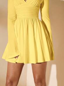 SHEIN BAE Spring/Summer Vacation Solid Color Minimalist Daily Sexy Deep V-Neck Long Sleeve Ruffle Sleeve Cinched Waist Ruched Mini Dress For Women - Yellow - View 8