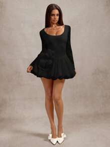 SHEIN BAE Elegant Floral 3D Lace Square Collar Long Sleeve Bodycon Flared Dress, Suitable For Spring/Summer, Ideal For Valentine's Day, Party, Romantic Date, Bridesmaid, Wedding, Birthday, Casual Wear, White - Black - View 3