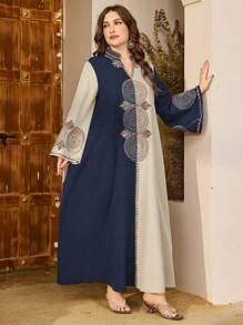 Al Najma 女士优雅绿色和米色拼色刺绣长裙，传统土耳其/阿拉伯长袍 - 彩色 - 查看 3