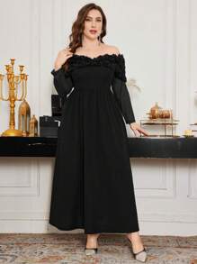 Modelyn Plus Size Women 3D Rose Flower Splice Off Shoulder Long Sleeve Dress, Cinched Waist Design, Elegant And Slimming