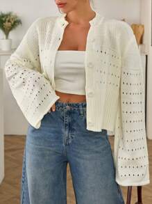 SHEIN Cottnline 女士前扣镂空春季开衫 - 杏色 - 查看 4